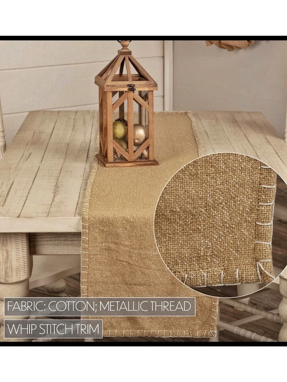 NEW Nowell Natural Burlap Table Runner Modern Farmhouse Silver Tinsel Whipstitch